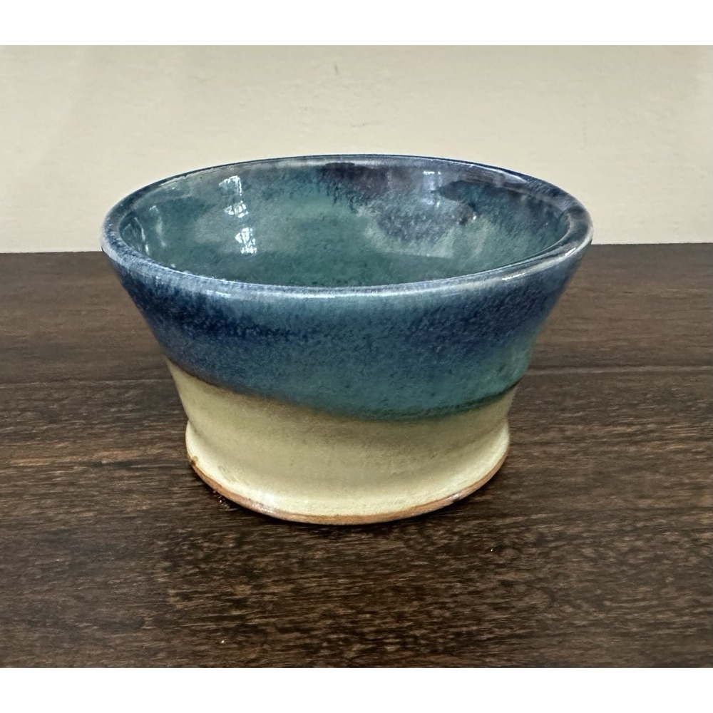 Studio Art Small Pottery Bowl/Cup Blue Drip Glazed Artist Signed‎